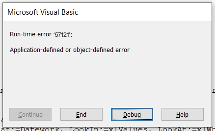 errore di runtime 57121 in Excel