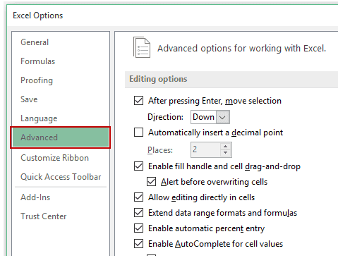 abilitare la funzione di gestione del riempimento di Excel 1