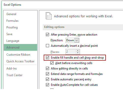 abilitare la funzione di gestione del riempimento di Excel 2