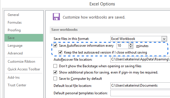 Abilita l'opzione di Autosave disabilitata in Excel 2
