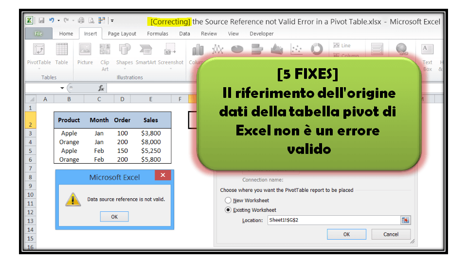 Il riferimento dell'origine dati della tabella pivot di Excel non è un errore valido