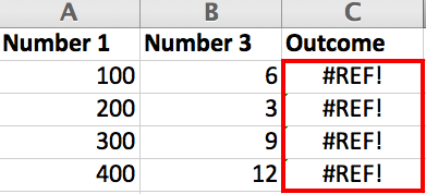 Errore formula Excel #REF 1