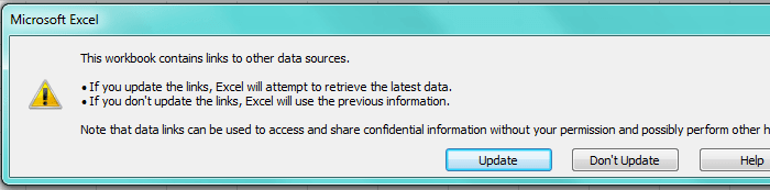 disabilitare il messaggio di errore dei collegamenti di aggiornamento di Excel 1