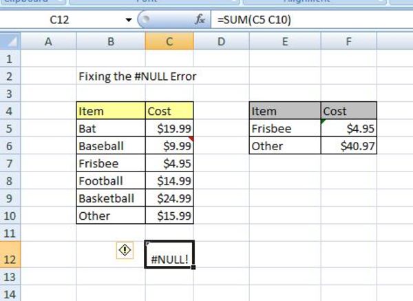 Errore Excel #Nul