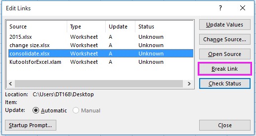 rimuovere il collegamento interrotto in Excel 2