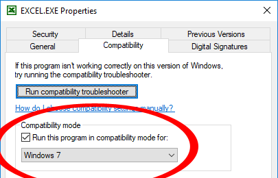 Esegui l'applicazione Excel in modalità compatibilità 1