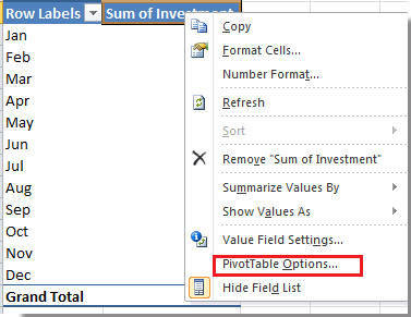 Opzioni PivotTable