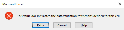 Excel Questo valore non corrisponde all'errore di convalida dei dati
