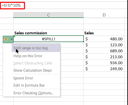 Aggiustare Excel SPILL errore