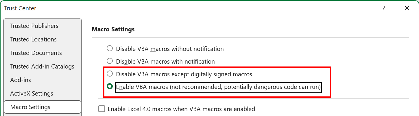 Impostazioni macro di Excel Greyed Out