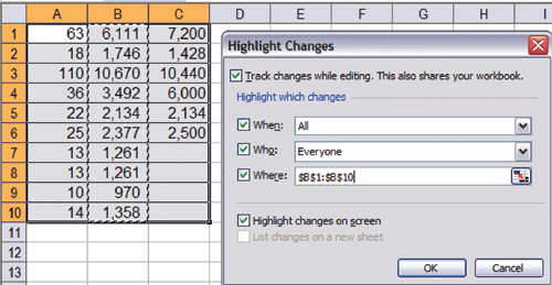 funzione Track Changes di Excel è disattivata