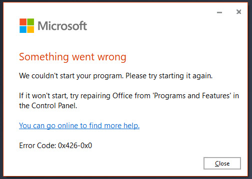 Microsoft Excel Codice di errore 0x426 0x0
