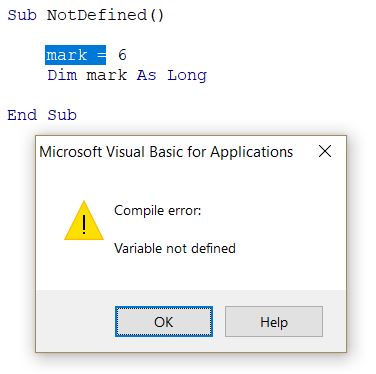 risolvere l'errore di compilazione di Excel "Variabile non definita