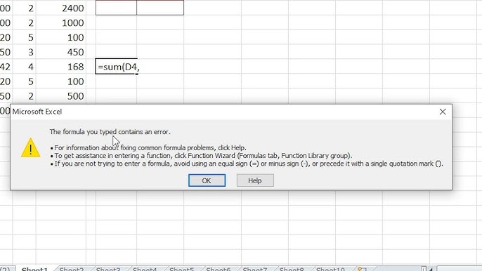 La formula digitata contiene un errore in Excel