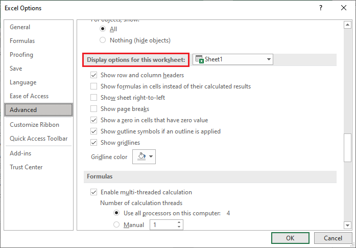 Focus Cell fuoco non viene visualizzato in Excel