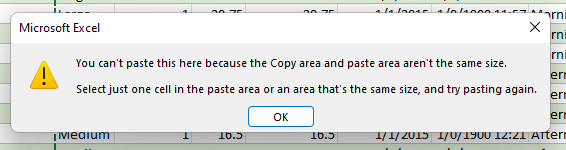 Impossibile incollare qui a causa dell'area di copia